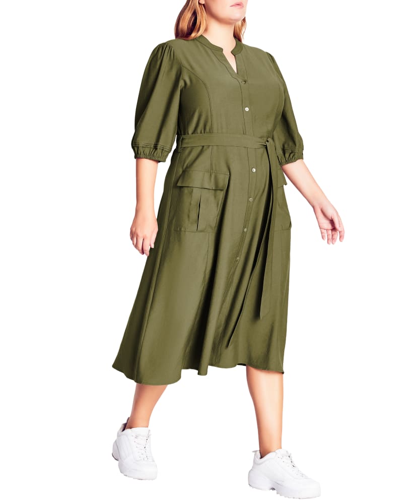 Front of a model wearing a size XS Angela Refined Dress in Olive Green by Refinity. | dia_product_style_image_id:233527